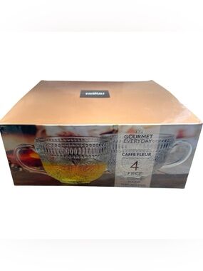 Set Of 4 Clear Flower Medallion Textured Glass Mugs 16 oz Boho Tea Cups NIB